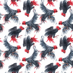 Beautiful vector seamless pattern with watercolor black roosters. Stock illustration.
