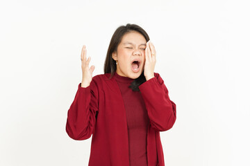 Headache Gesture Of Beautiful Asian Woman Wearing Red Shirt Isolated On White Background