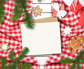 Fototapeta na wymiar Christmas festive still life. Blank greeting card, invitation mockup, and envelope with Gingerbread cookies,