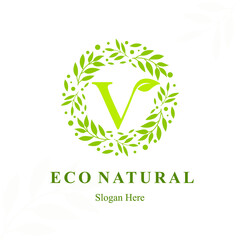 Creative Modern Initial v Letter with Circle Leaves Frame for Eco Friendly Fashion, Beauty Cosmetic, Make up, Soap, Environment Consultant Service Business Logo Vector Idea Design
