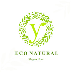 Creative Modern Initial y Letter with Circle Leaves Frame for Eco Friendly Fashion, Beauty Cosmetic, Make up, Soap, Environment Consultant Service Business Logo Vector Idea Design