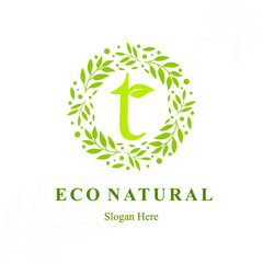 Creative Modern Initial T Letter with Circle Leaves Frame for Eco Friendly Fashion, Beauty Cosmetic, Make up, Soap, Environment Consultant Service Business Logo Vector Idea Design