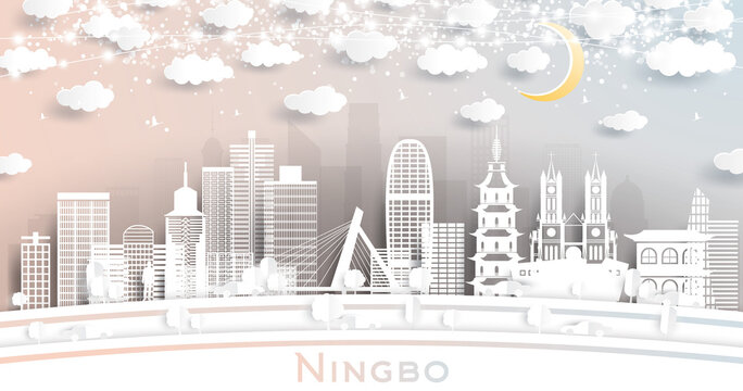 Ningbo China City Skyline in Paper Cut Style with White Buildings, Moon and Neon Garland.