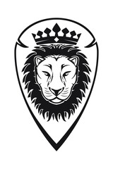 Line art vector logo or icon of smart Lion face with crown in armor shield