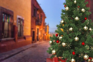 Christmas tree at empty city street, lockdown due Covid-19 pandemic,