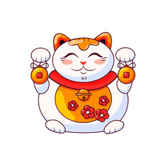 Fat cute Japanese cat maneki neko with raised paws. Symbol of luck and wealth. Vector cartoon illustration