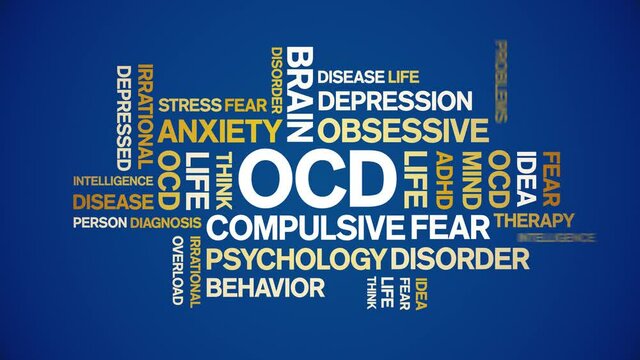 OCD animated tag word cloud;Obsessive-Compulsive Disorder animation kinetic typography seamless loop.