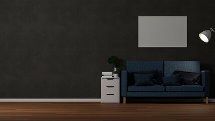 Contemporary modern dark living room interior with comfortable sofa