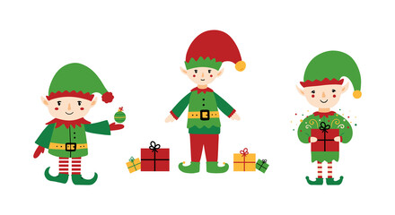 Set, collection of three cute christmas elf characters wearing hats and green costumes with bunch of gifts, presents and christmas ornaments for winter holidays design.