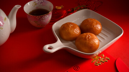 Original tasty Chinese fried buns. Chinese breakfast or appetizer concept.