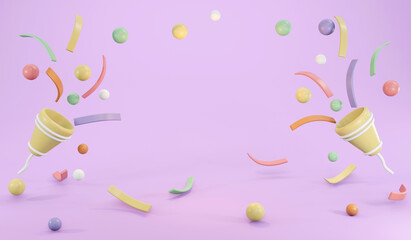 3D Rendering of party popper and confetti with copy space in pastel theme banner background. 3D Render illustration.