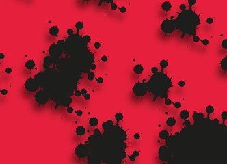 Black splashes on red background, ink vector splatters, paint pattern