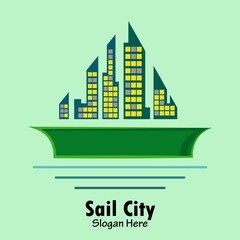 sailboat and city combination logo vector illustration design