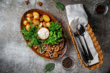 Serving a dish from a restaurant menu: country-style baked potatoes with pickled mushrooms and onions, cream sauce, dill and parsley greens on a plate against the background of a gray stone table