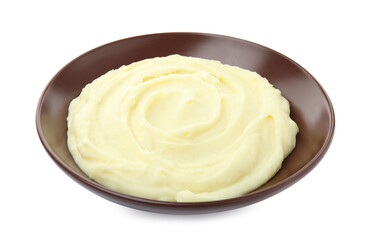 Plate with freshly cooked homemade mashed potatoes isolated on white