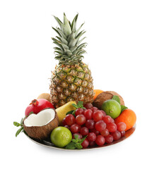 Plate with different ripe fruits on white background