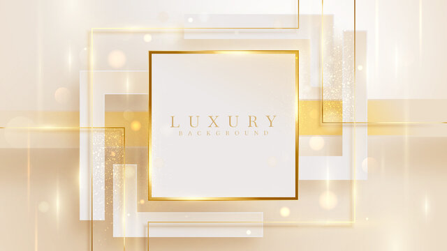 Elegant background with square frame elements and golden line with glitter light effect and bokeh.