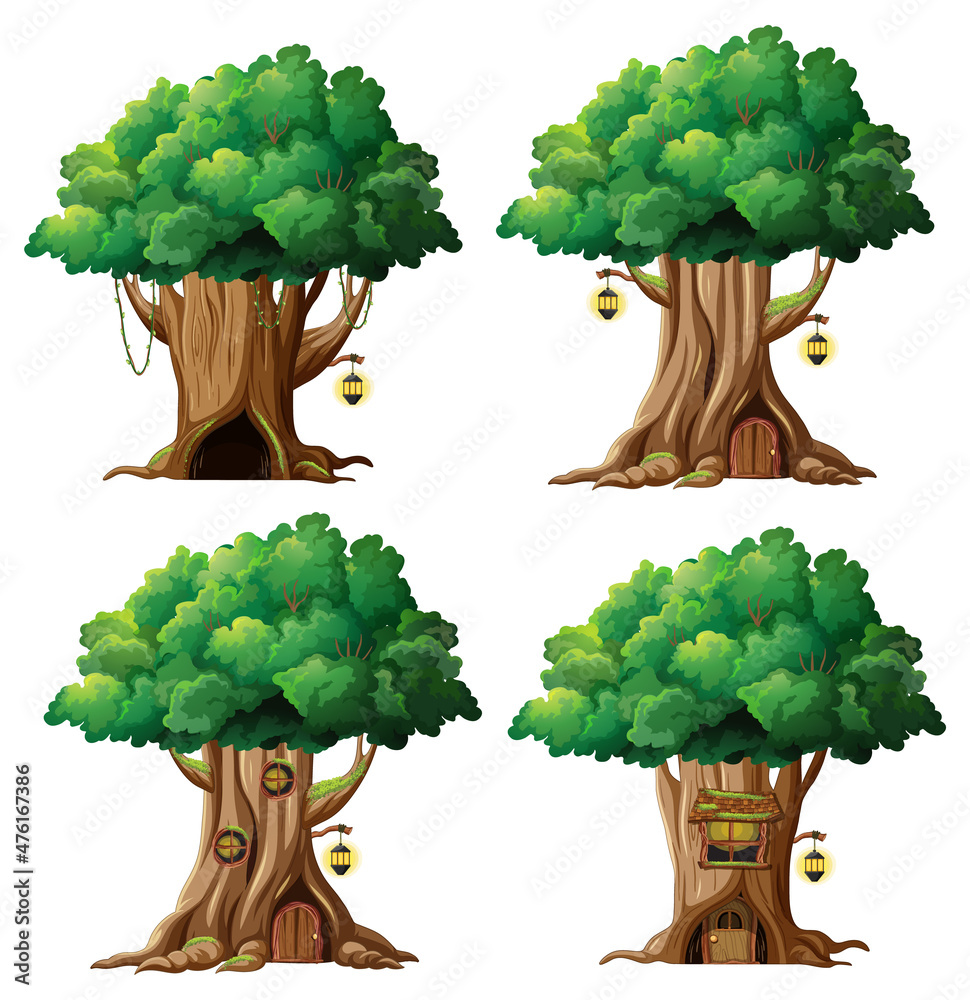 Poster set of different fantasy tree houses inside tree trunk