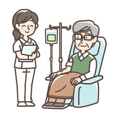 点滴を受けている男性と看護師