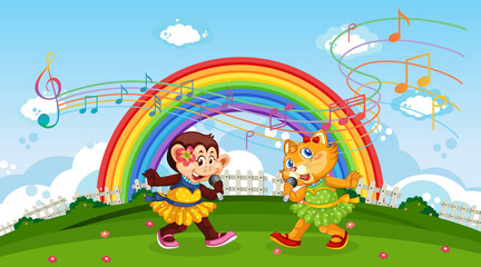 Obraz na płótnie Canvas Monkey and cat performance singing wuth rainbow and melody symbols
