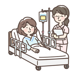 ベッドで点滴を受けている女性と看護師