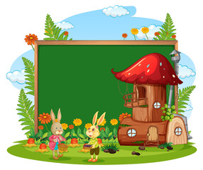 Blank banner in the garden with cute rabbits isolated