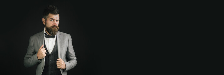 Beard man in suit with classic long beard, bearded gay. Barber, barbershop. Mustache men. Templates web banner design. Horizontal banner for website header with text copy space.
