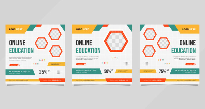 Set of social media post template with geometric background and hexagon frame for Online Education