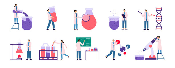 Science lab people concept set. Chemistry, biology, medical laboratory research characters collection. Microscope, dna, scientific study, reactions, analyses, tests. Isolated vector stock illustration