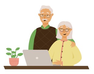 Happy retirees are working on the computer. Cute grandmother studying online, husband supports her. Vector illustration
