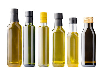 Row of olive oil bottles isolated on white