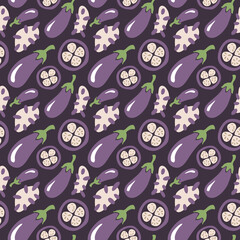 Cute eggplant seamless pattern. Whole vegetables and slices. Flat vector hand drawn illustration in cartoon style