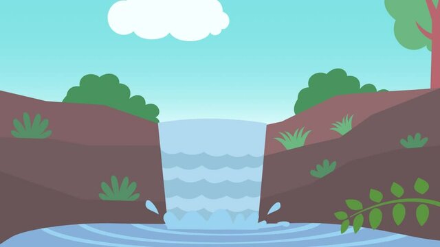 waterfall animation with cloud and trees