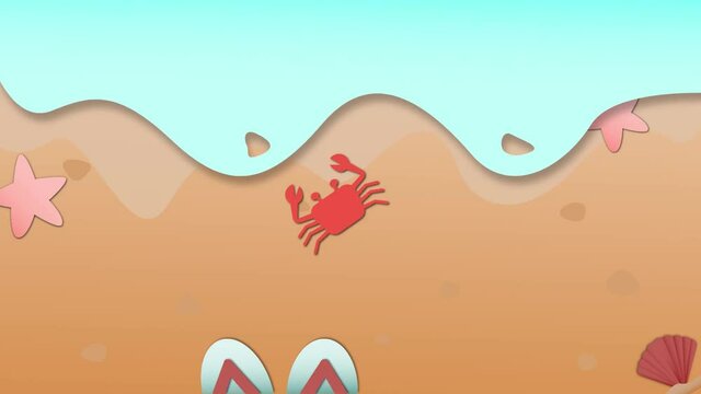 beach animation with crab and star fish in the wave