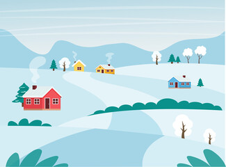 Winter rural landscape with fields, houses and trees. Vector flat illustration