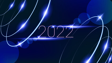Realistic hi tech 2022 sign with flares. 2022 futuristic vector. New Year 2022 glowing electric design with mesh background. Perfect for template event celebration, banner, decoration, invitation.