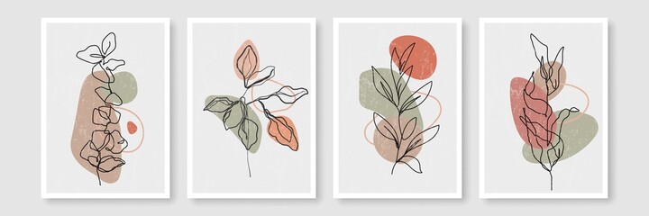 Botanical Line Art Drawing Set. Hand Drawn Continuous Line Drawing of Leaves, Flower, Bouquet, Leaf, Branch.  Floral Black Sketches Set on White Background. Vector Illustration.