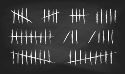 Tally marks set on school black chalkboard. Collection of white hash marks signs of prison wall, jail or desert island lost day tally numbers counting. Vector chalk drawn sticks lines counter