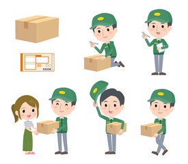 荷物を受け渡す運送配達員男性のセット