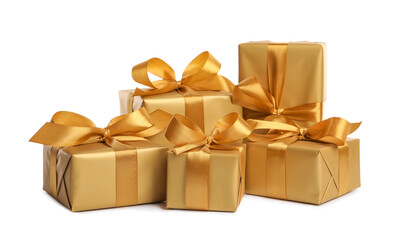 Many beautiful gift boxes on white background