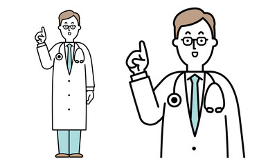 人差し指を立てている白衣で聴診器を首からかけた男性の医者のイラスト素材。