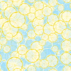 Summer illustration with oranges and limes. Seamlees pattern with colorful fruits on white background. Food concept. Template design for invitation, poster, card, fabric, textile