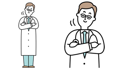 腕組みをしてうなずいてい白衣で聴診器を首からかけた男性の医者のイラスト素材。