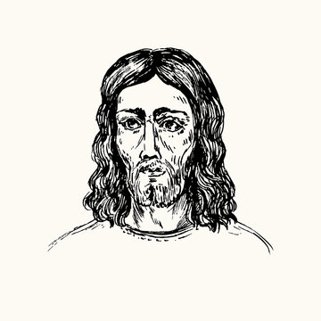 Jesus Christ Icon. Ink black and white doodle drawing in woodcut style with inscription.
