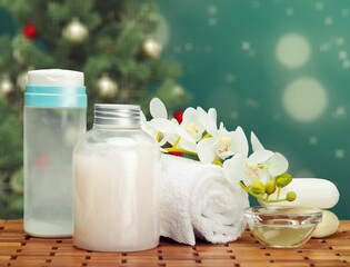 spa composition on the table and Christmas accessories. Relaxation care products. Skin care