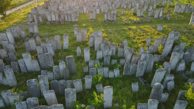 Aerial shot city Brody. Jewish cemetery. Ukraine