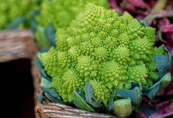 Close up on ripe romanesco cabbage in market