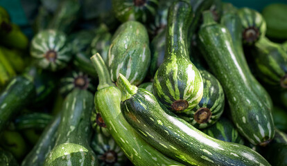 Fresh organic green zucchini on a fresh market, background. Zucchini texture. Lots of organic vegetables