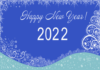 Fototapeta na wymiar Happy New Year 2022 beautiful background with snowflakes. Banner. Original abstract design template digital vector illustration. Greeting card, cover