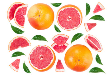 Fototapeta na wymiar Grapefruit and slices with leaves isolated on white background. Top view. Flat lay pattern